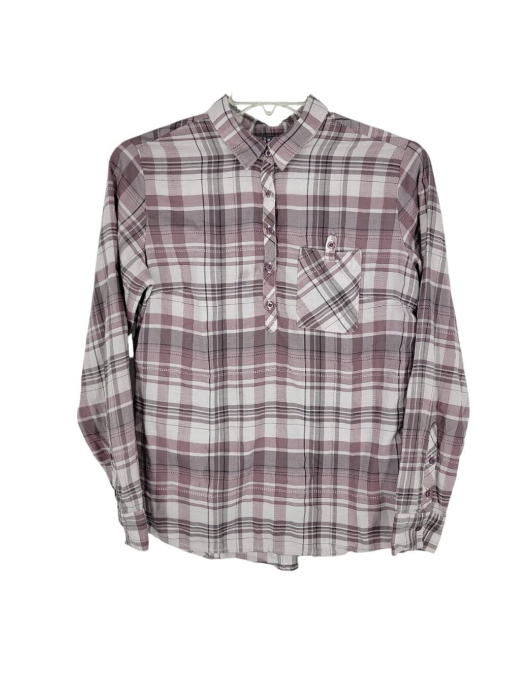Kuhl Spektra Plaid Popover Shirt Large Tencel Roll Tab Sleeve Mauve Relaxed Soft - Picture 1 of 4